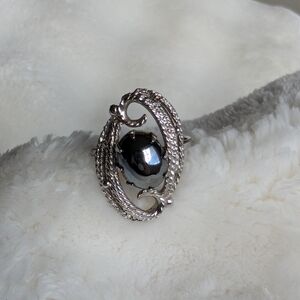 Vintage Sarah Coventry Hematite Cabochon Statement Ring Silver Tone Gothic